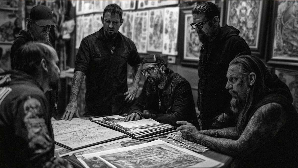 Tattoo artists gathered around a table of reference art and sketchbooks — the story behind 25 years of real artist relationships and the Sullen Artist Series