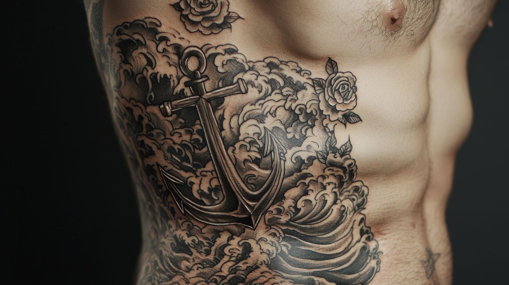 Anchor rib tattoo on a male body