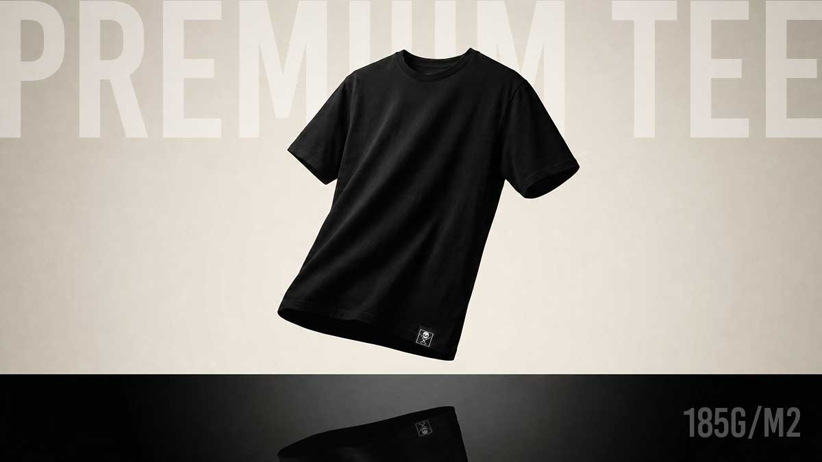 Sullen Art Collective premium graphic t-shirt in black, floating product shot showing ringspun cotton construction and woven label detail