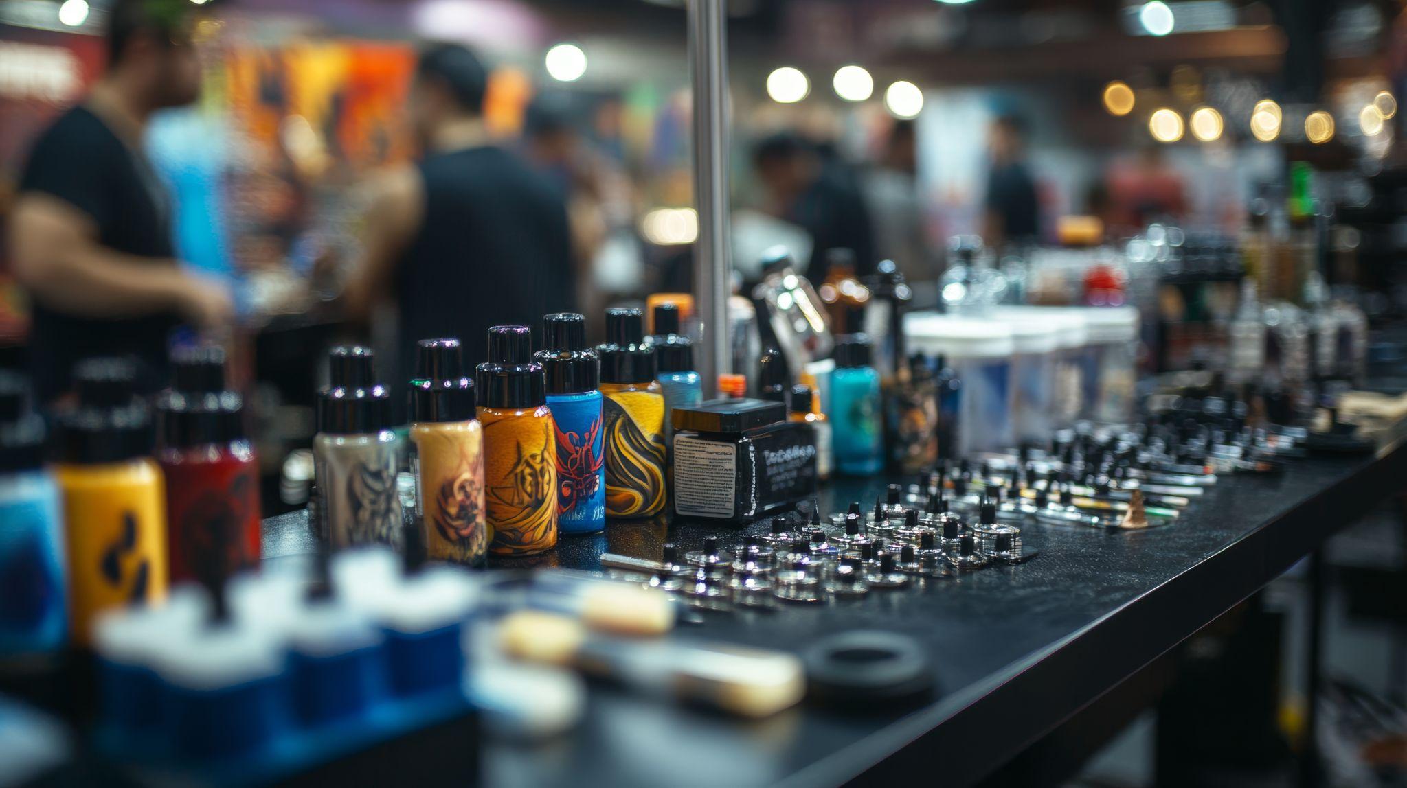 Tattoo ink and equipment laid out on a table