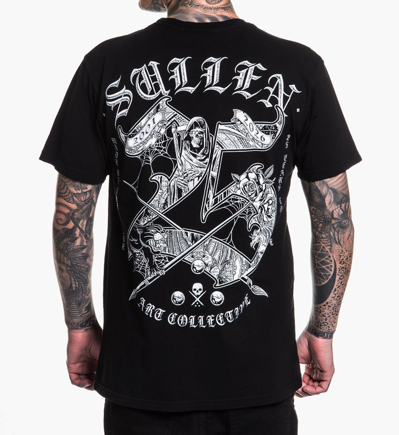 Black t-shirt with white graphic design and text on a person wearing it.