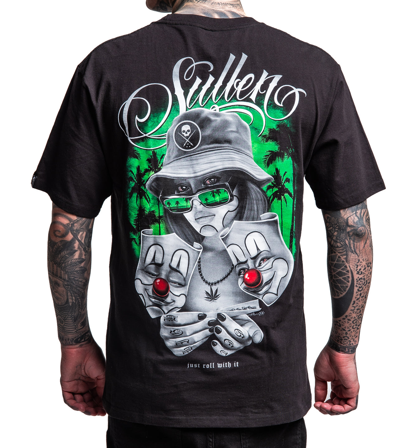 Black t-shirt with a graphic design of hands holding a joint and a skull, featuring the brand 'Sullen'.