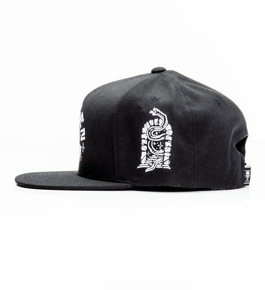Black cap with white logo on a white background