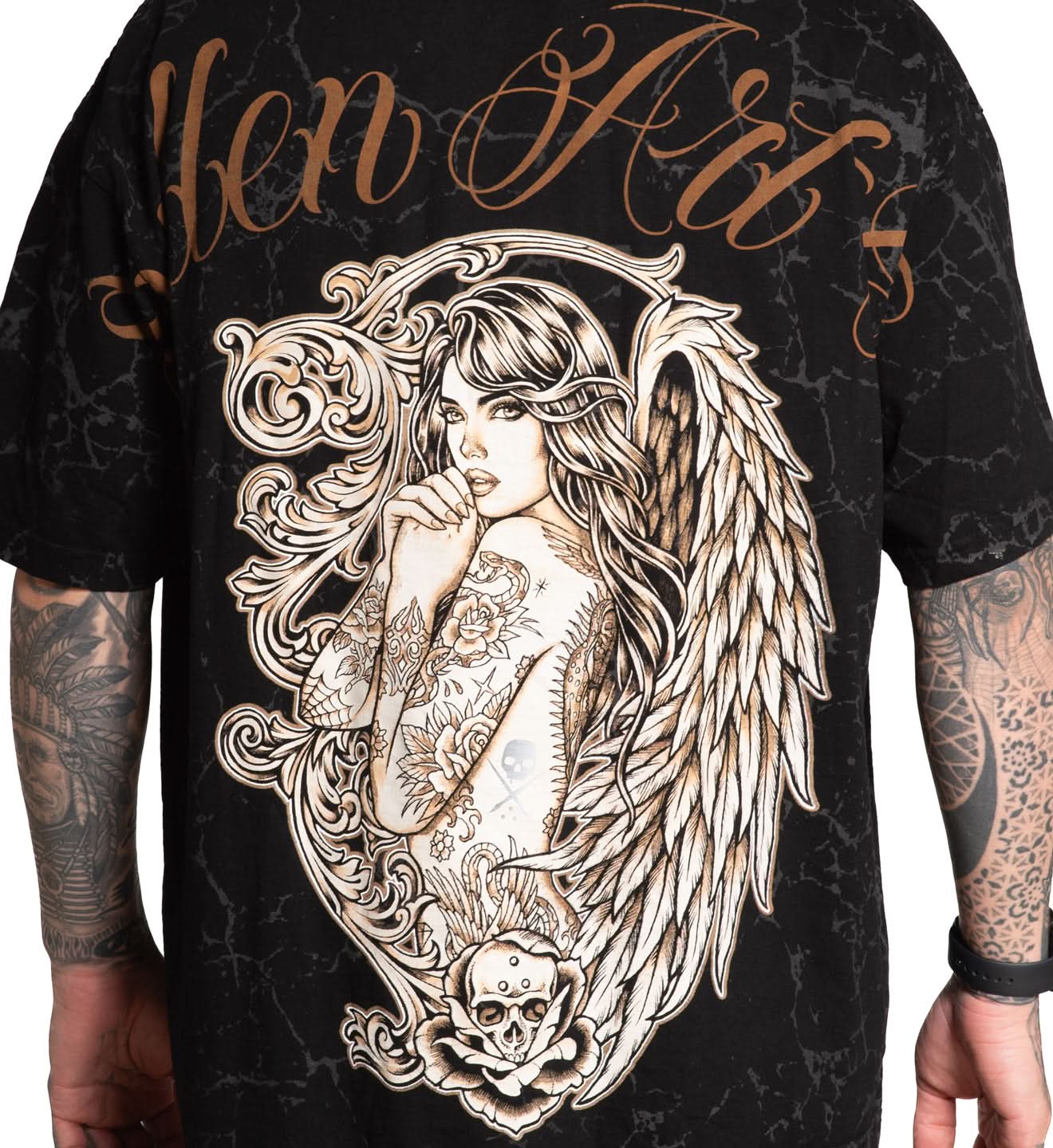 Black t-shirt with a detailed angel design and 'Men Art' text on a white background