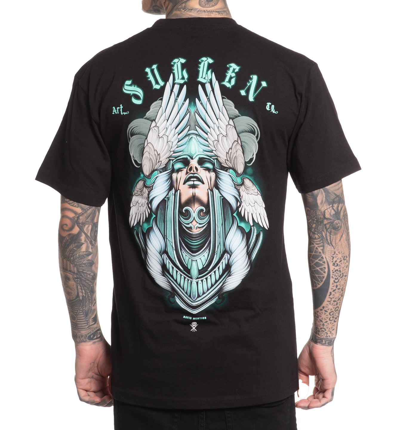 Black t-shirt with a colorful graphic design on the back, featuring the brand 'Sullen'.