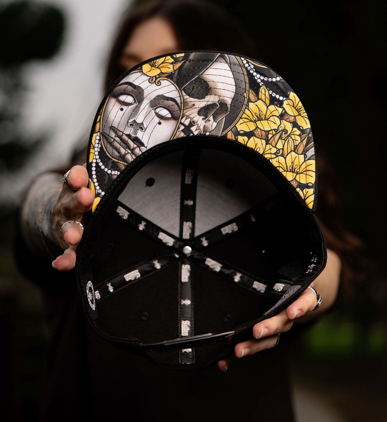 GOLD WHITE AND BLACK ART DRIVEN SNAPBACK WITH SULLEN PUFF EMBROIDERED LETTERING