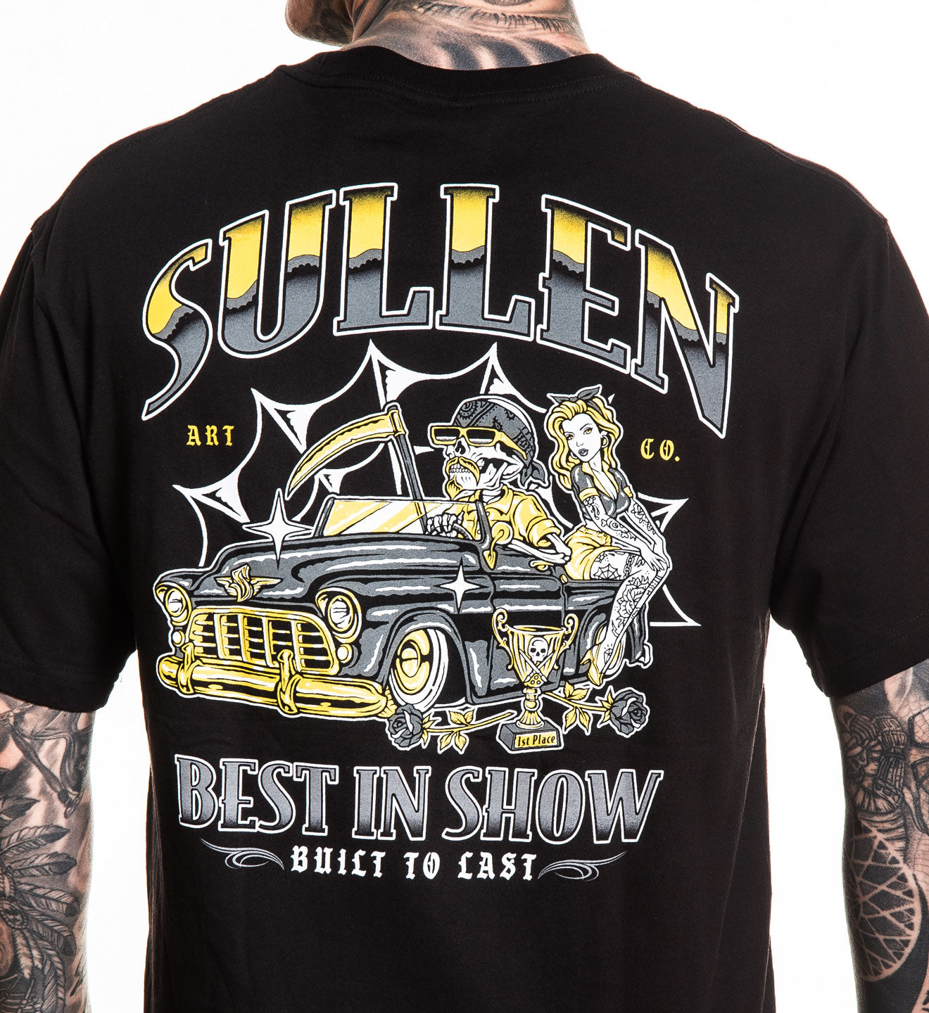 Black t-shirt with 'Sullen' graphic design featuring a car and two people on a white background.