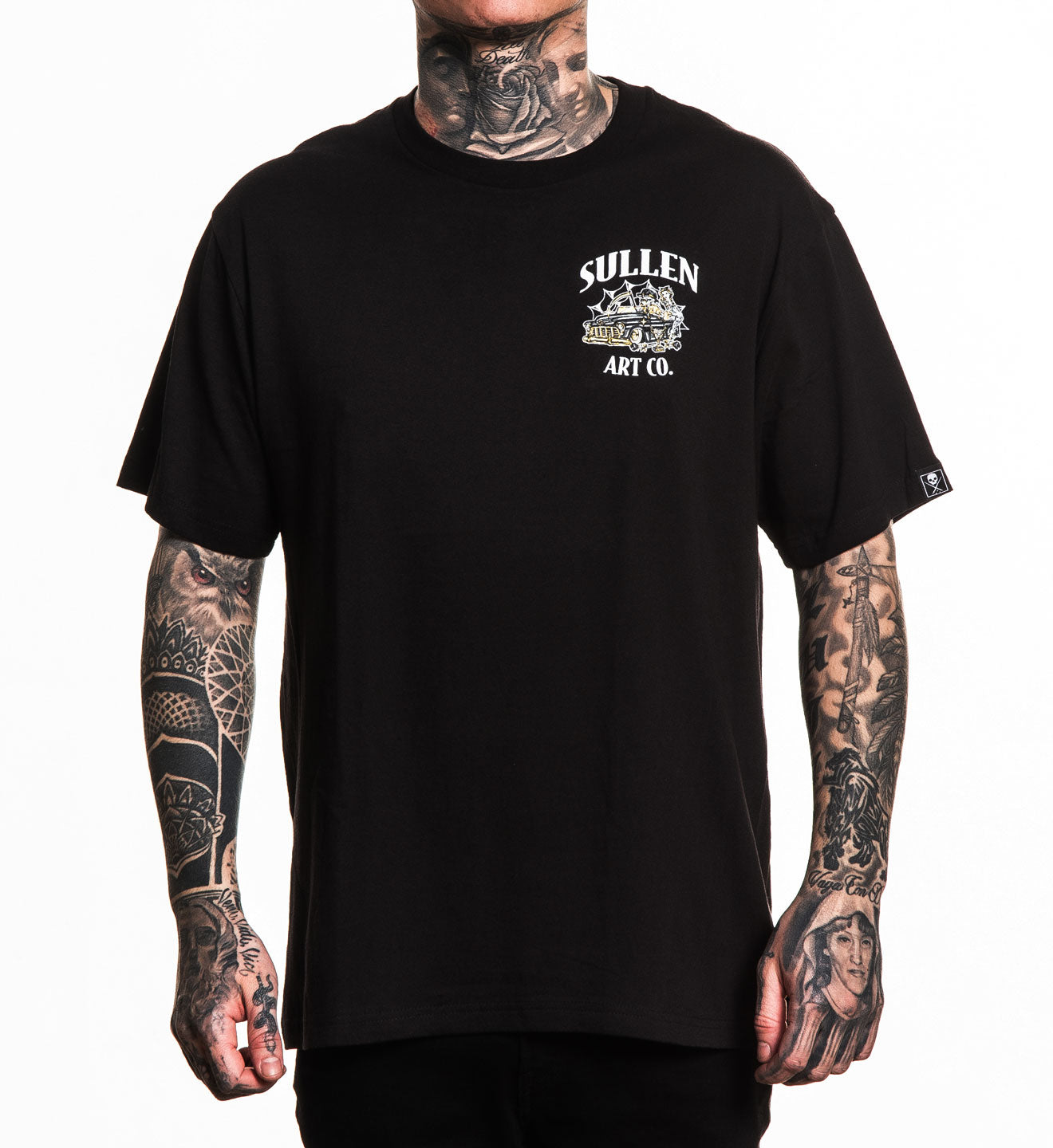 Person wearing a black t-shirt with 'Sullen Art Co' logo on a white background