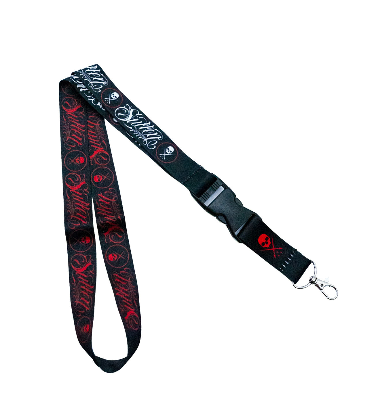 Black lanyard with red and white designs on a white background