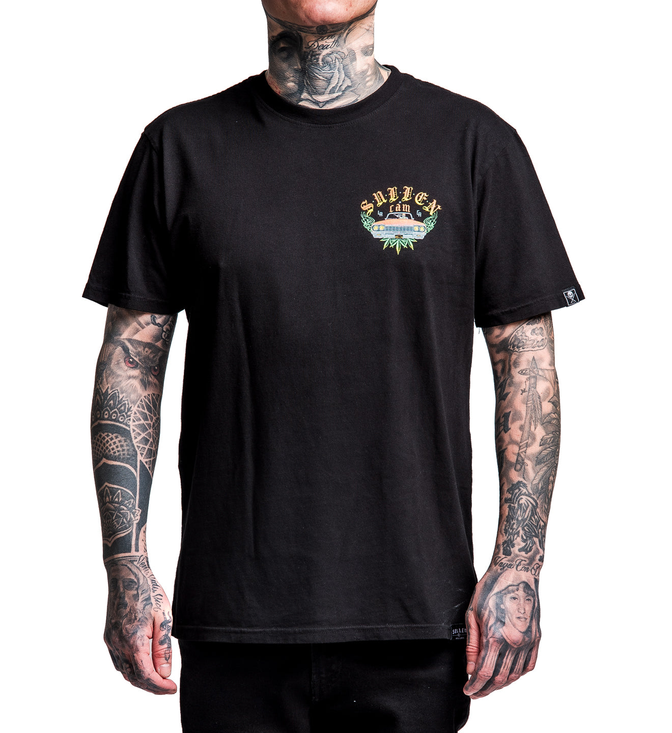 Person wearing a black t-shirt with a colorful graphic design on a white background