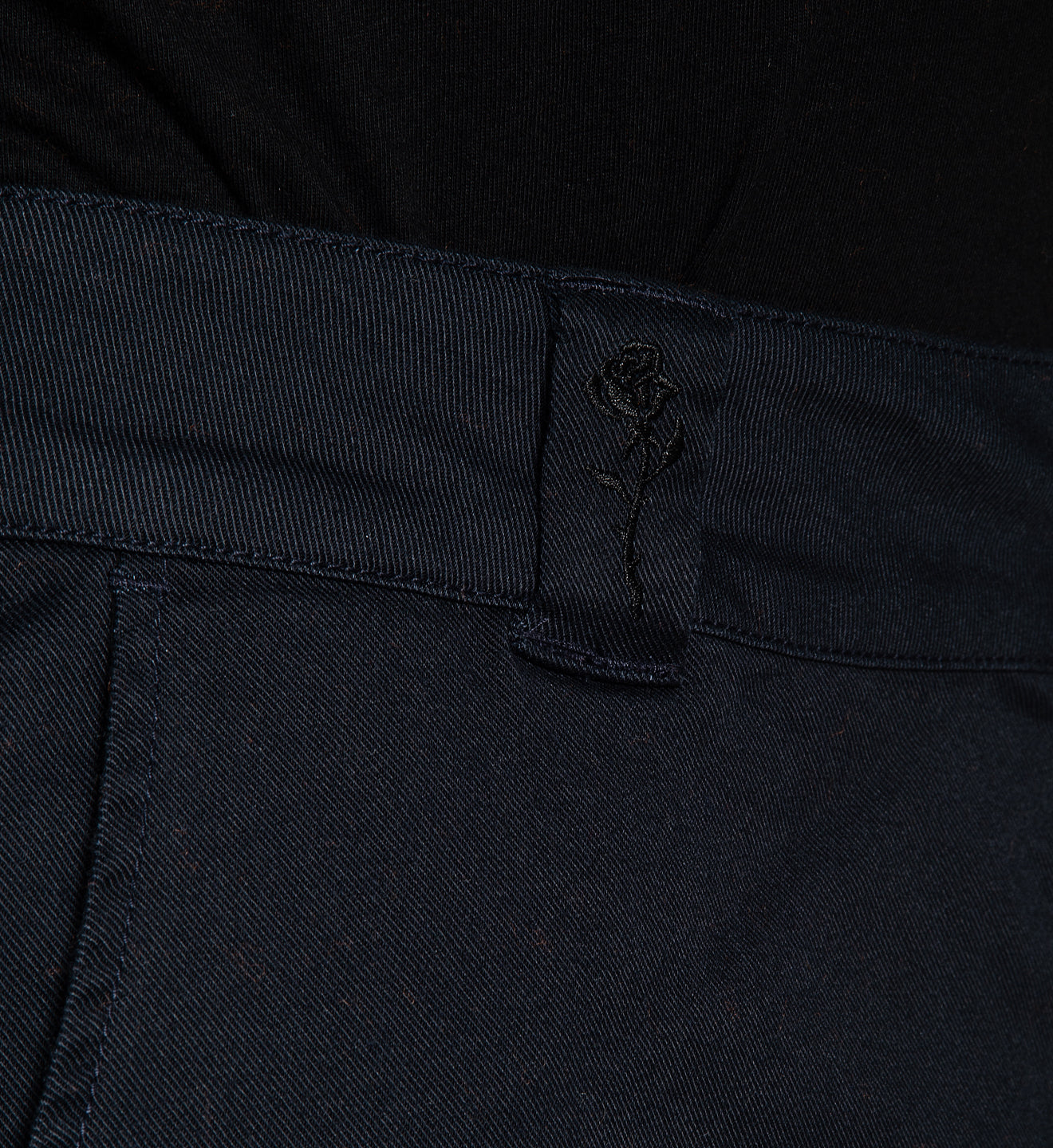 Close-up of black pants with a button and stitching detail.