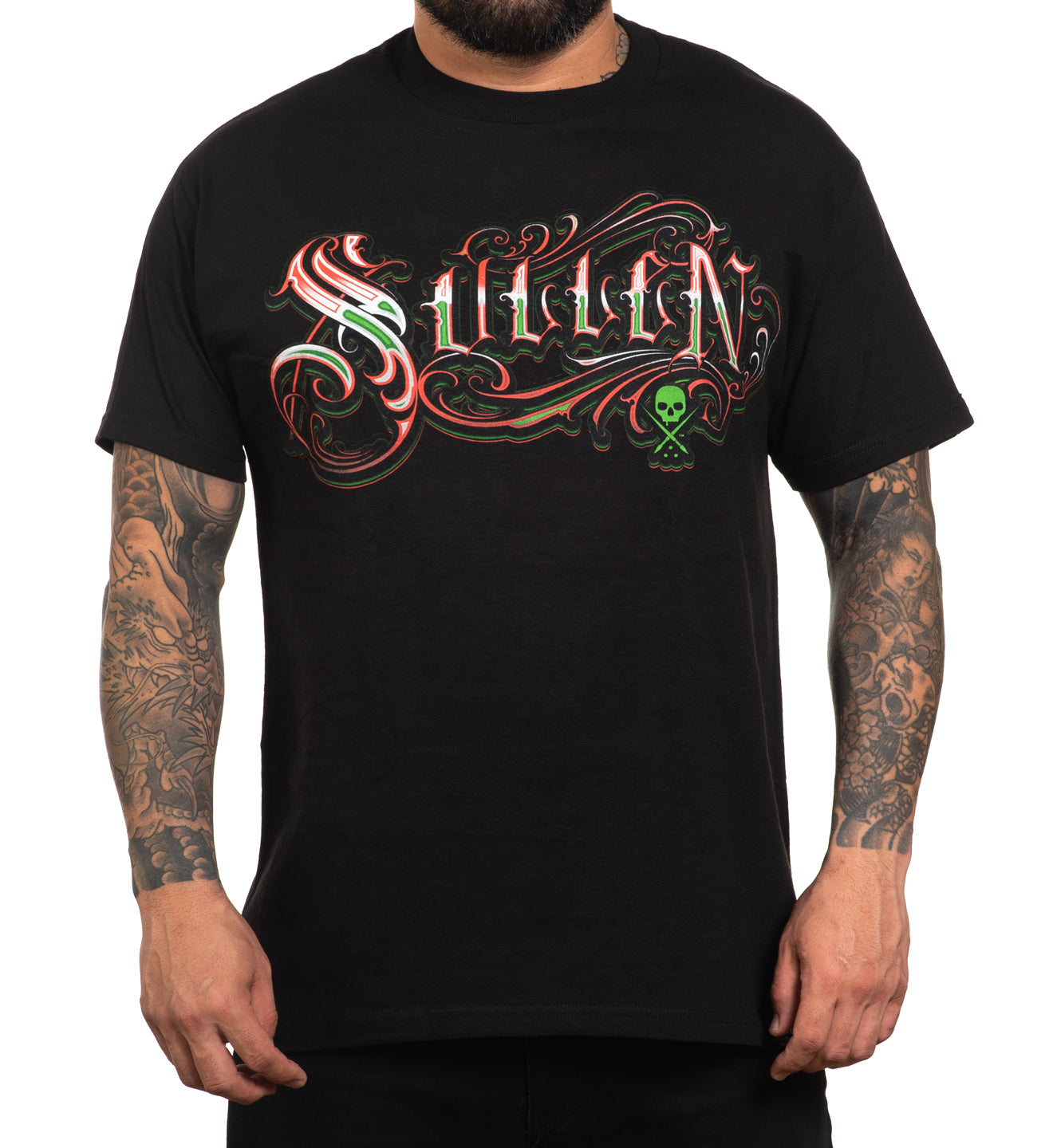 Black t-shirt with colorful 'SULLEN' graphic design worn by a person with tattoos.