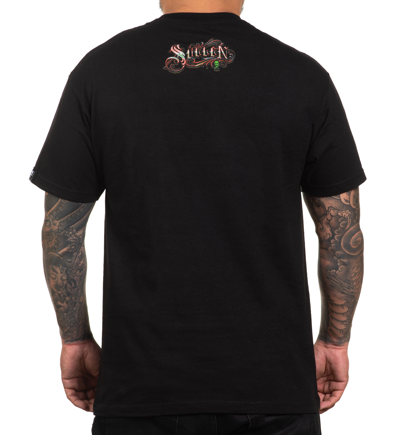 Black t-shirt with a logo on the back worn by a person with tattoos.