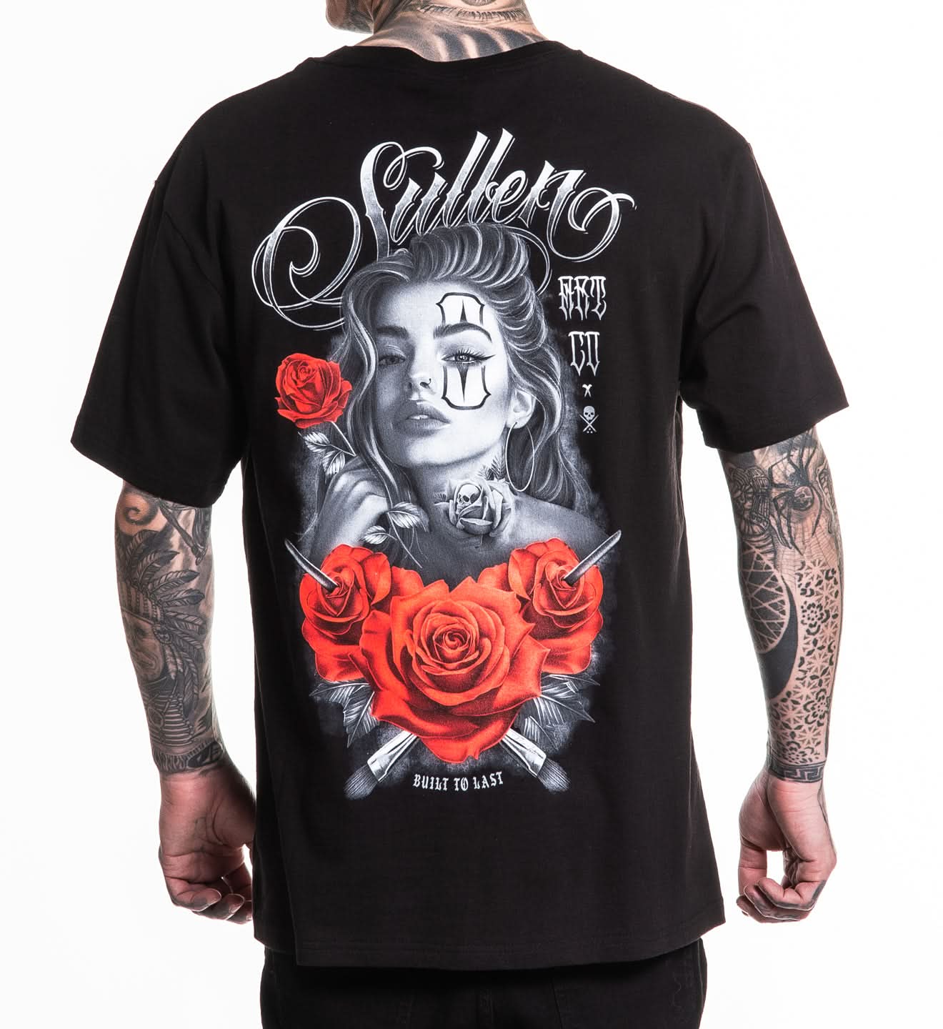 BLACK SULLEN T SHIRT WITH A WOMAN HOLDING A ROSE