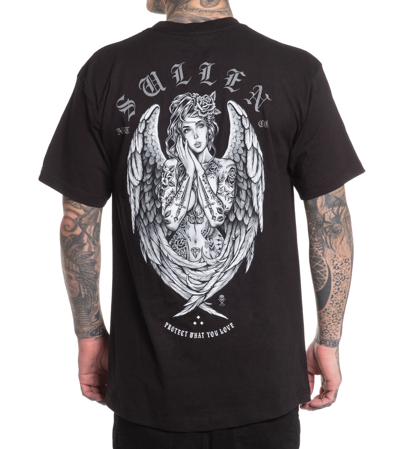 Black t-shirt with angel design and text on a white background