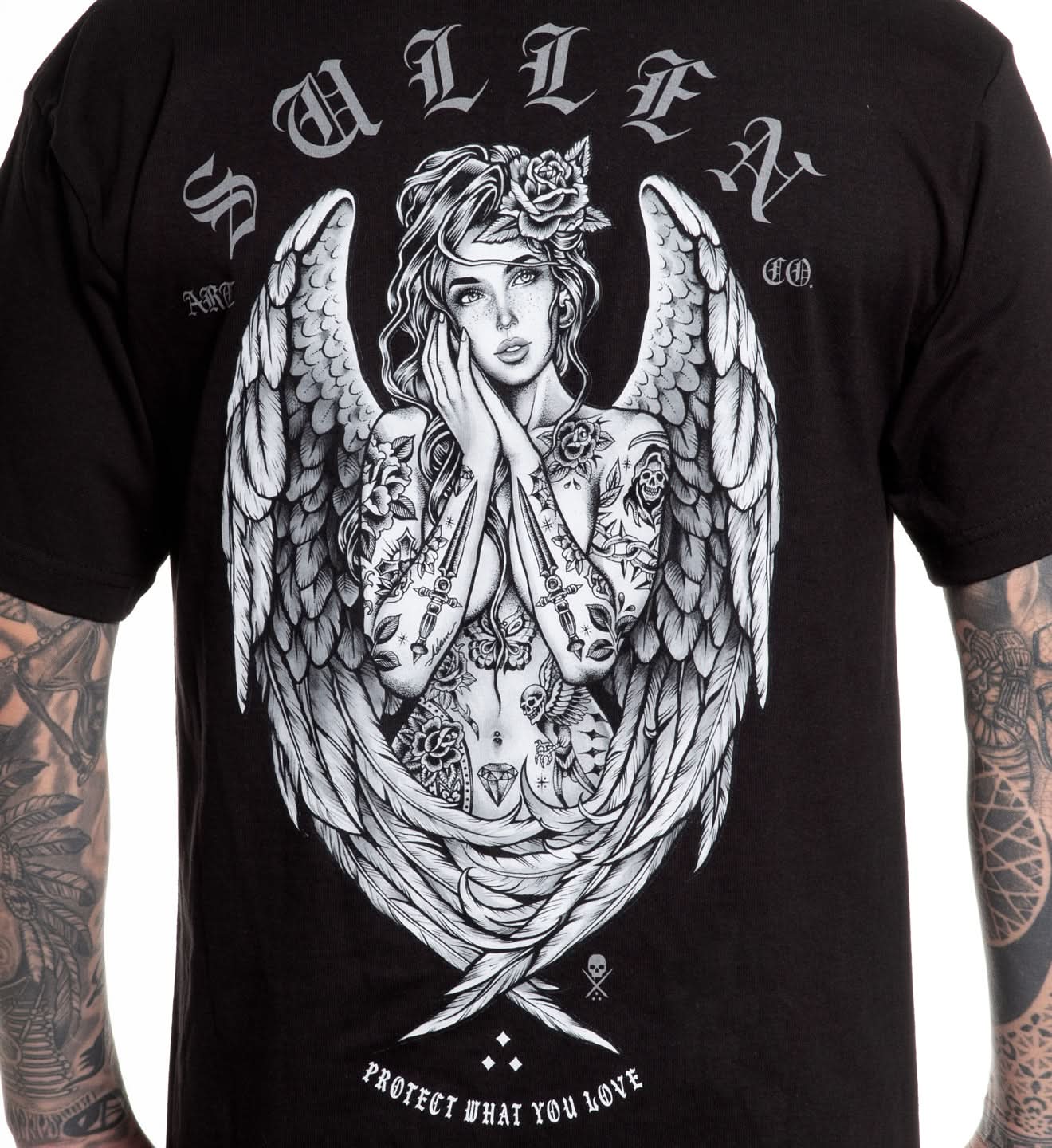 Black t-shirt with a tattooed angel design and 'Sullen' branding.