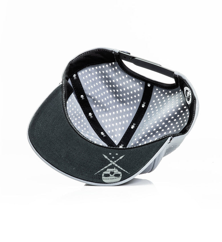 Black and white cap with a unique design on a white background