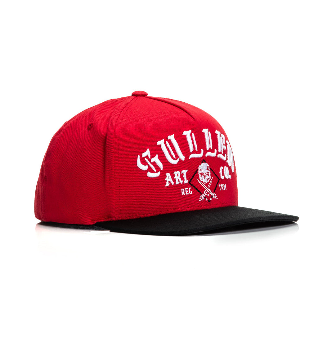 Red cap with black brim and white text on a white background