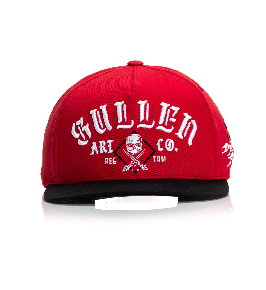Red cap with white text and logo on a white background