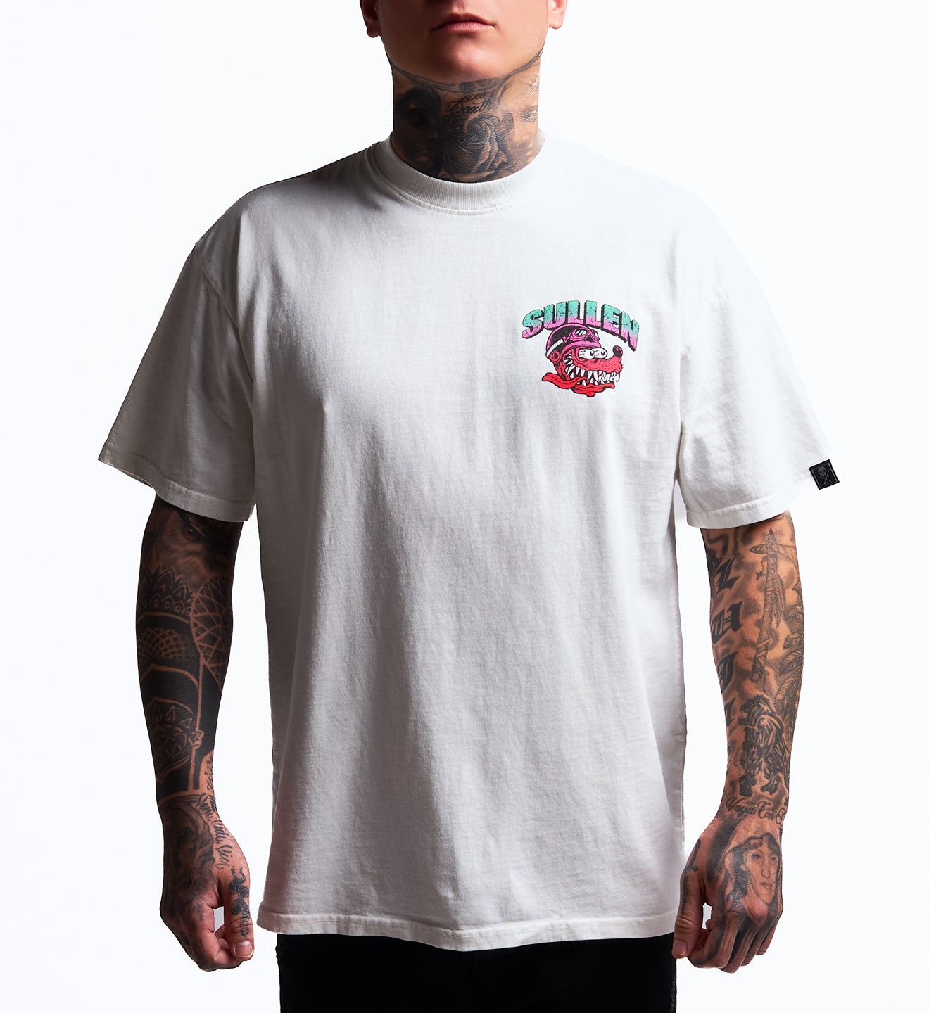 Person wearing a white t-shirt with a graphic design on a white background