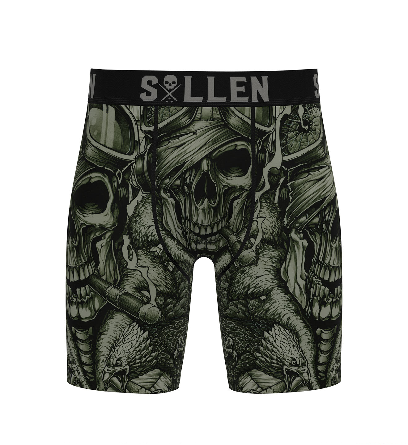 Skull-themed underwear with 'Sullen' branding on a white background