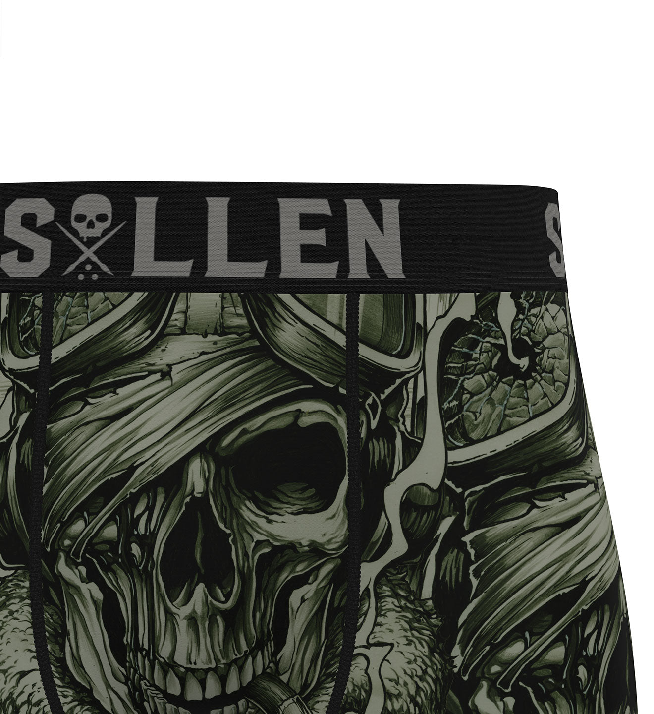 Skull-themed underwear with 'Sullen' branding on a white background
