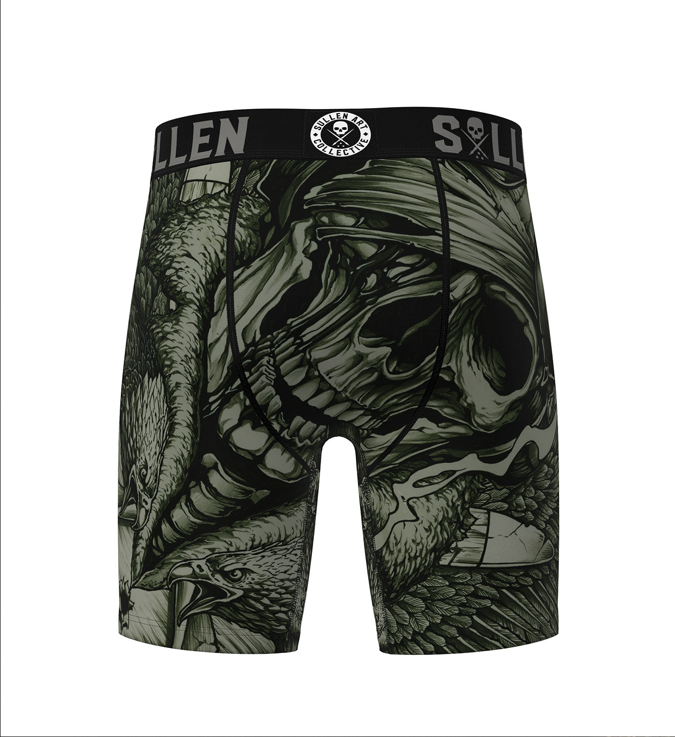 Black and white graphic shorts with a skull design on a white background