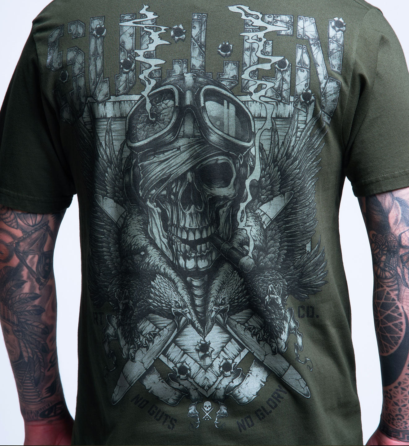 MODEL WEARING SULLEN CLOTHING FIGHTER PREMIUM TEE IN ARMY GREEN