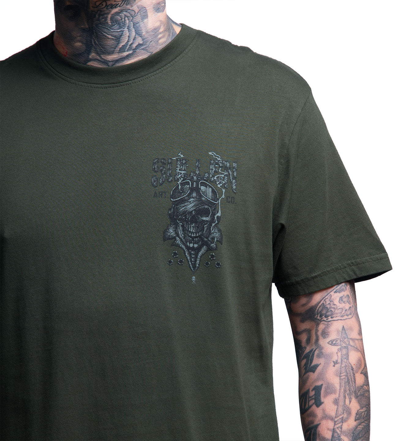 MODEL WEARING SULLEN CLOTHING FIGHTER PREMIUM TEE IN ARMY GREEN