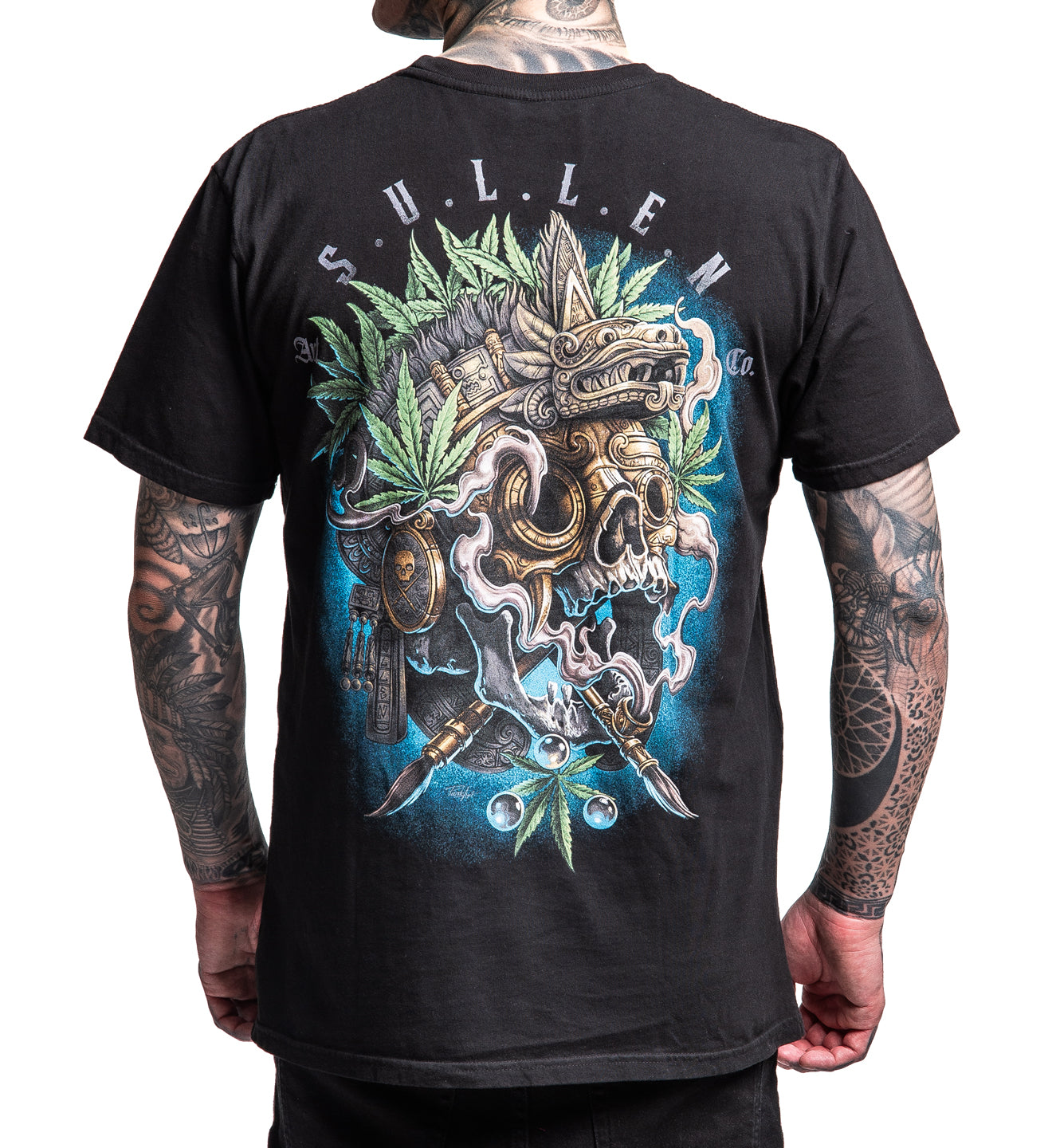 Black t-shirt with a dragon and skull design on the back, worn by a person.