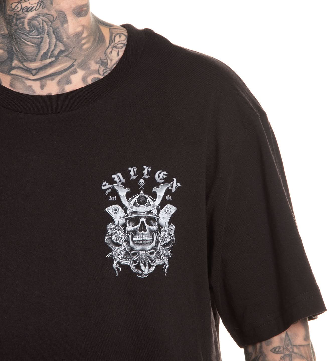 Black t-shirt with a white graphic design on a white background