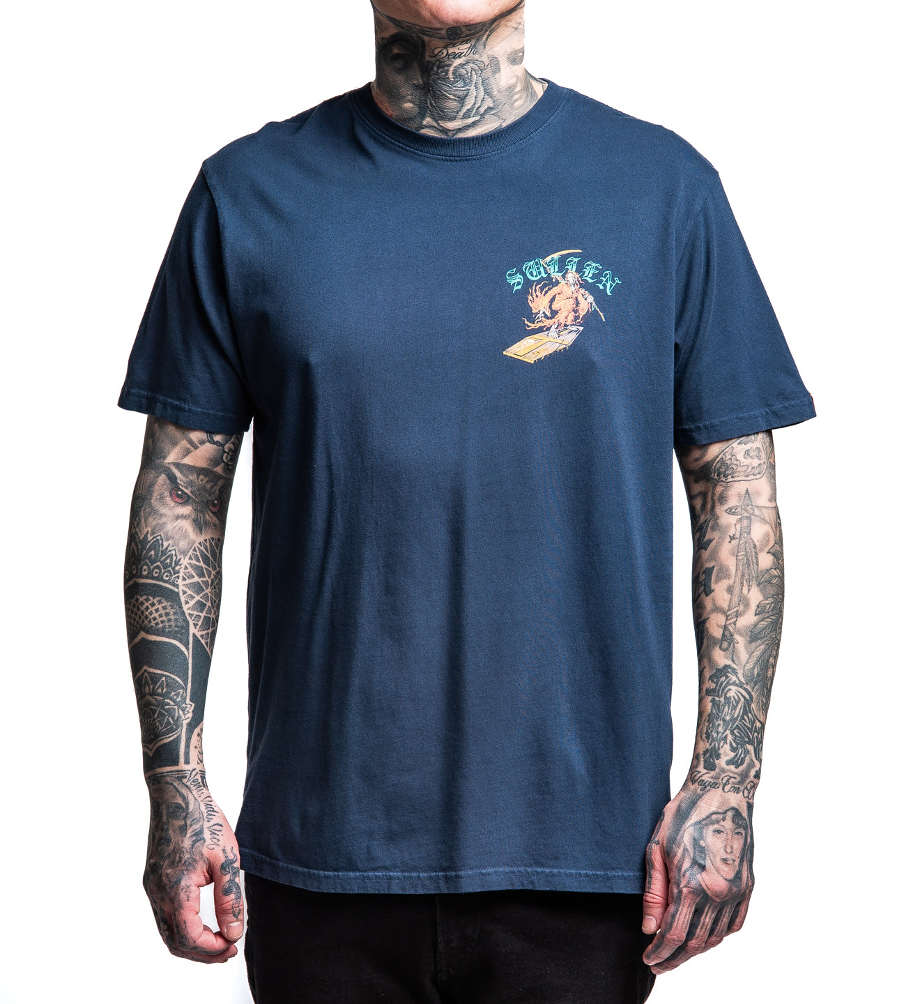 Person wearing a navy blue t-shirt with a graphic design on a white background