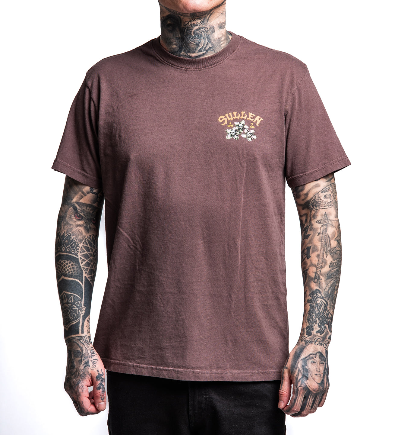 Person wearing a brown t-shirt with a logo on a white background