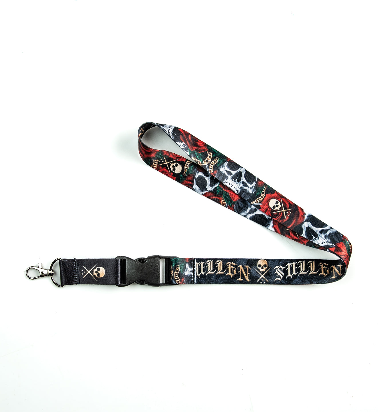 Lanyard with skull and crossbones design on a white background