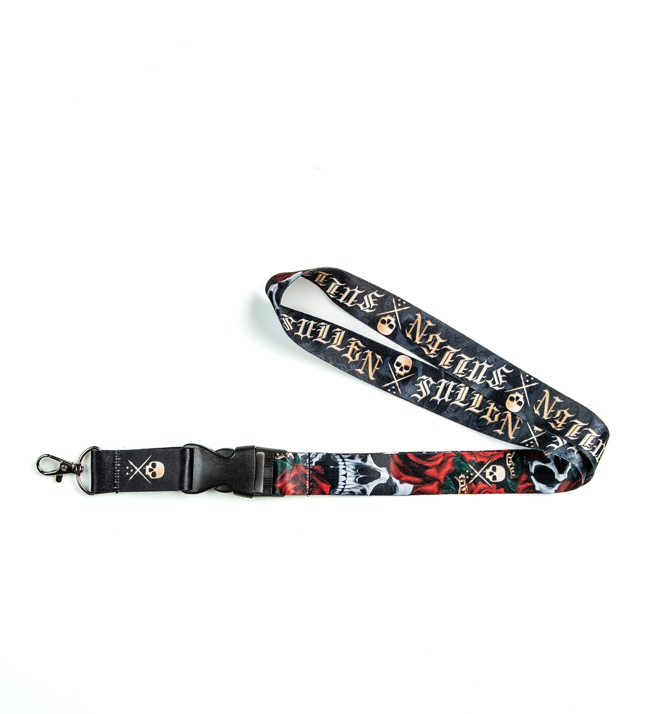 Lanyard with decorative design and brand name on a white background
