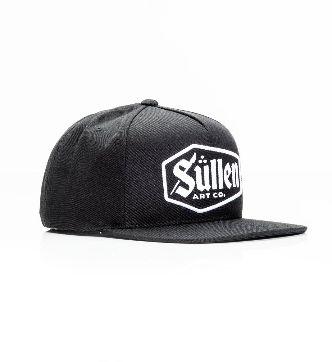 Black cap with a white logo on a white background