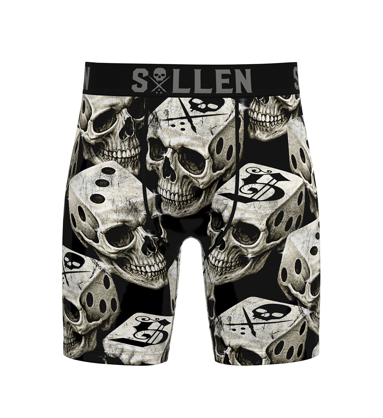 Skateboard shorts with skull and dice design on a white background
