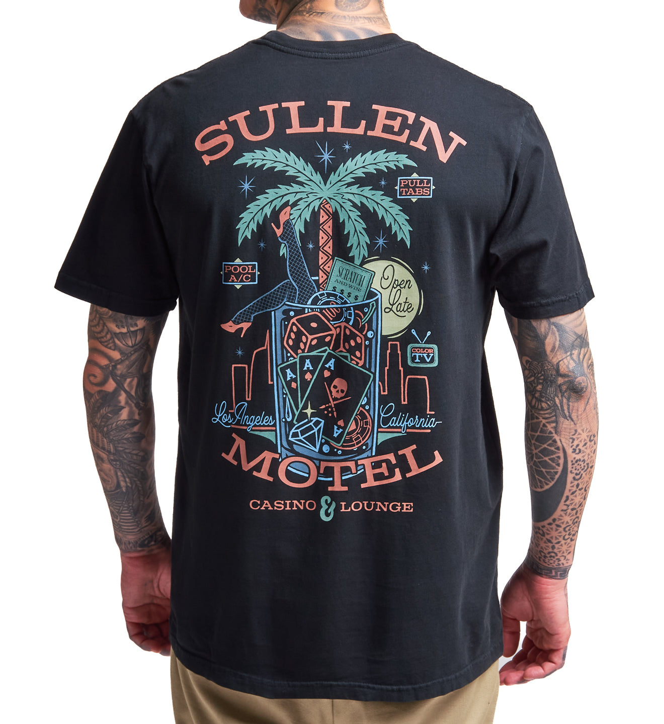 Black t-shirt with 'Sullen' and 'Motel' graphics on a white background