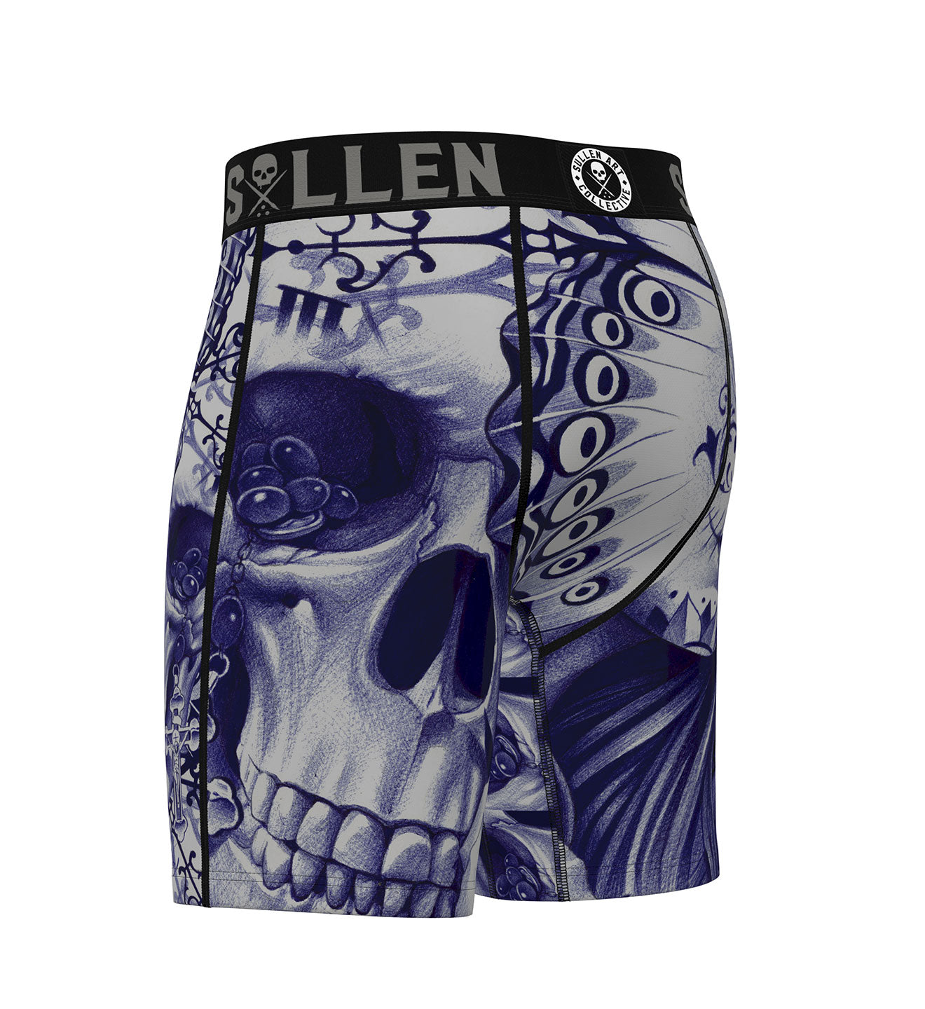 Skull-themed underwear with intricate designs on a white background
