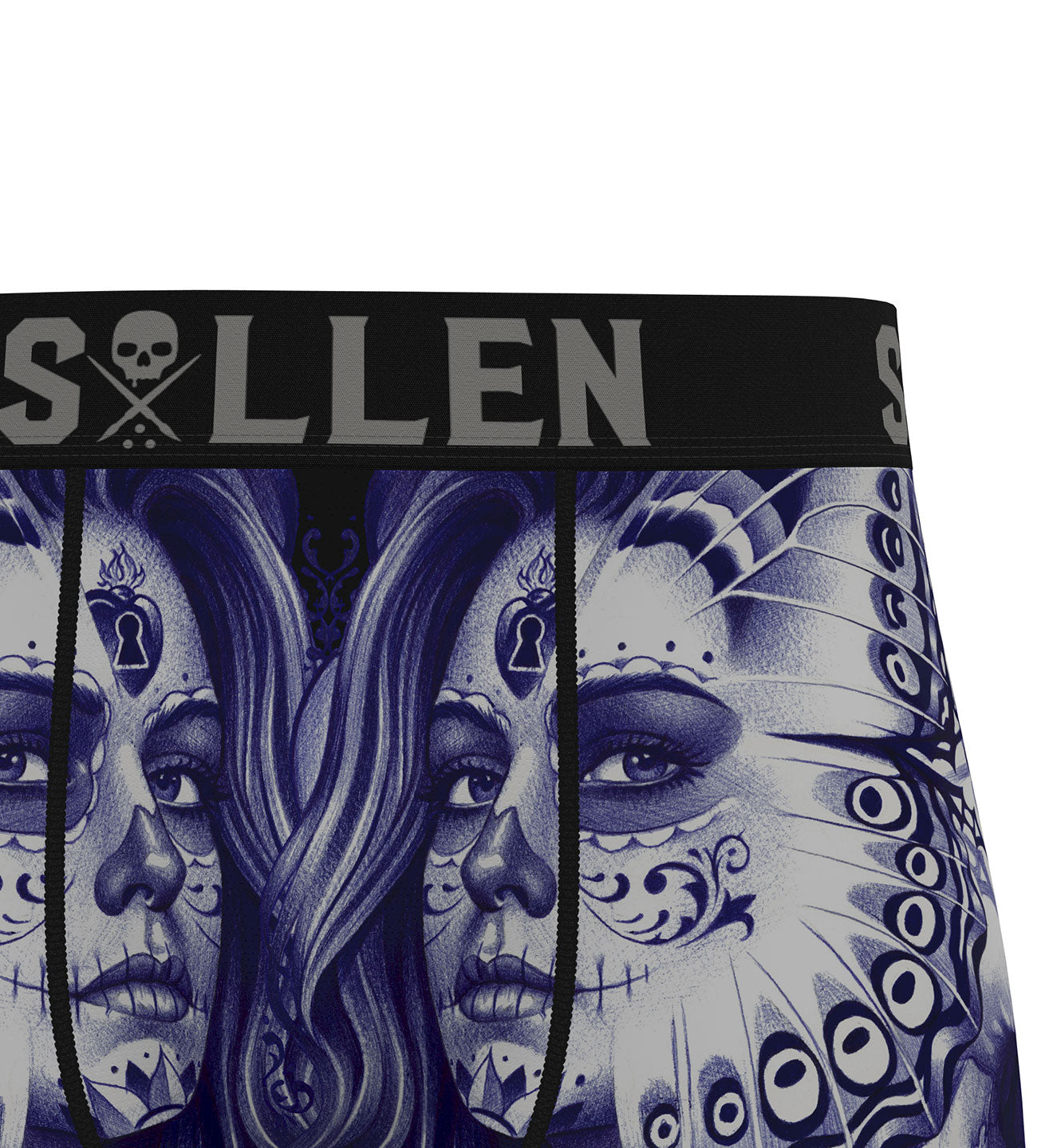 Men's underwear with skull and floral design featuring the brand 'Sullen'.