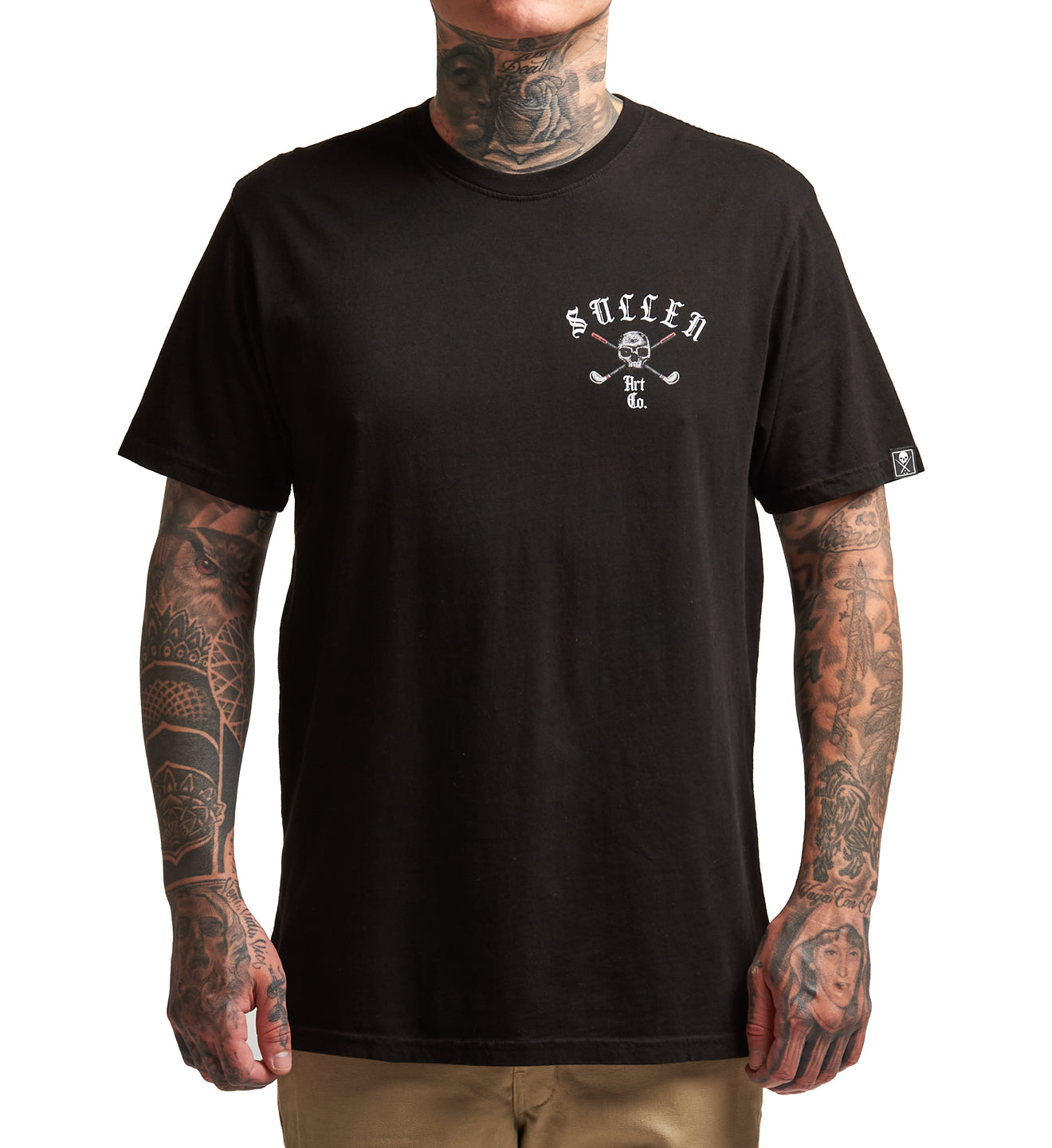 Person wearing a black t-shirt with a logo on a white background