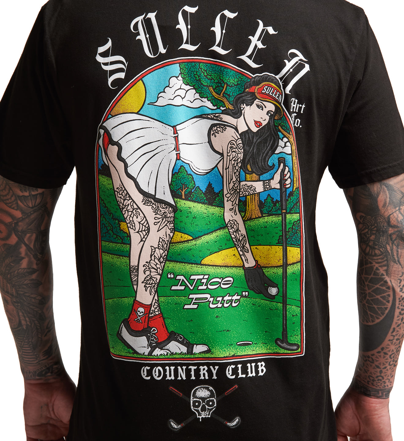 Black t-shirt with a colorful graphic of a woman and text on the back, worn by a person.