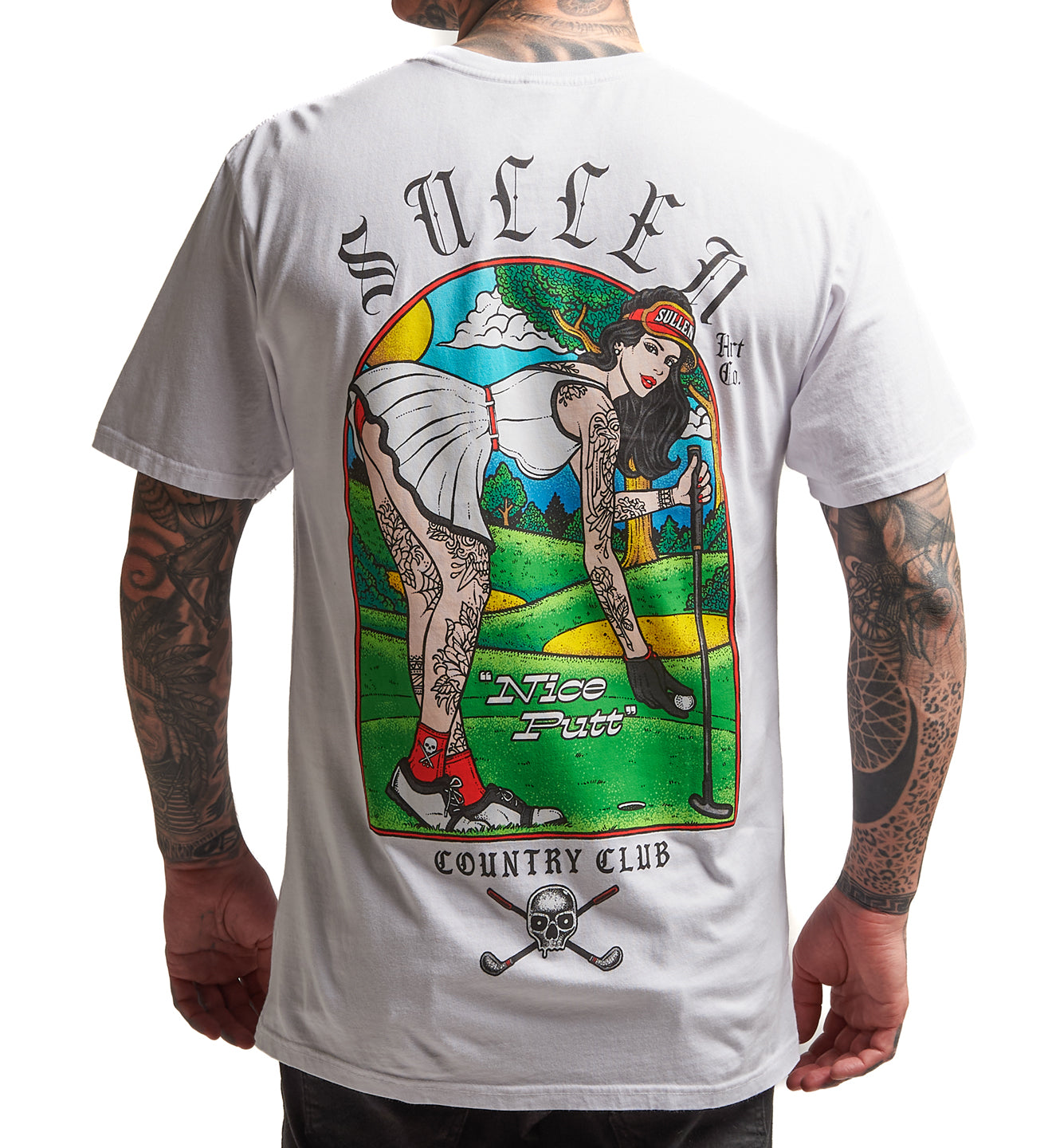 White t-shirt with a colorful graphic design on the back, featuring a woman playing golf.