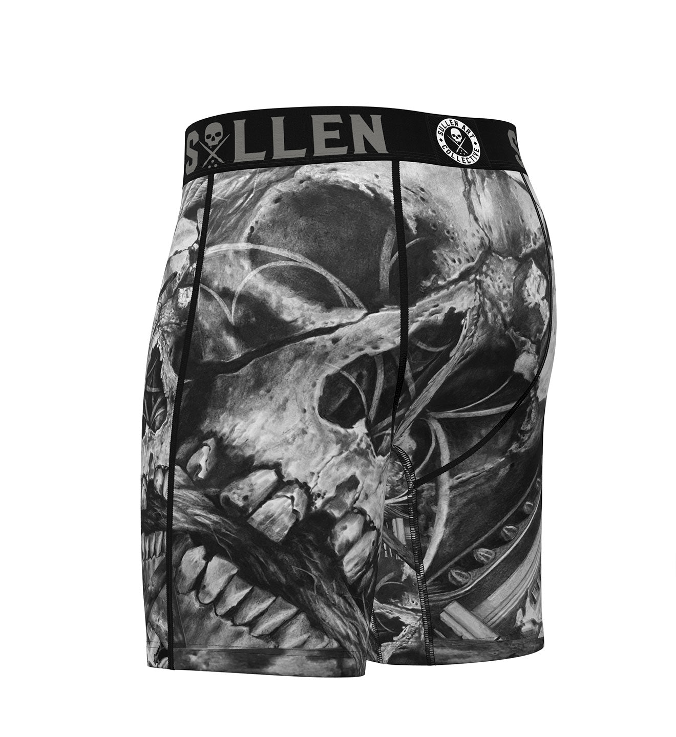 Black and white patterned boxer briefs with a brand logo on a white background