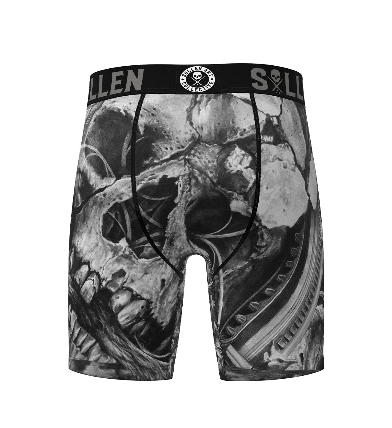 Black and gray skull-themed boxer briefs with brand logo on a white background