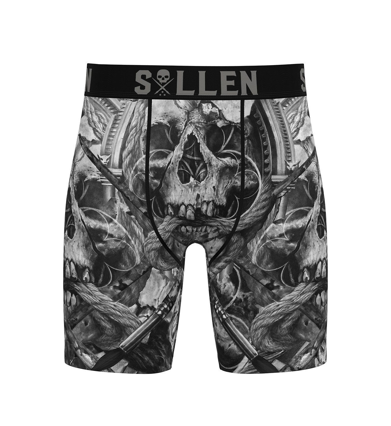 Skull and crossbones patterned underwear with 'Sullen' branding on a white background