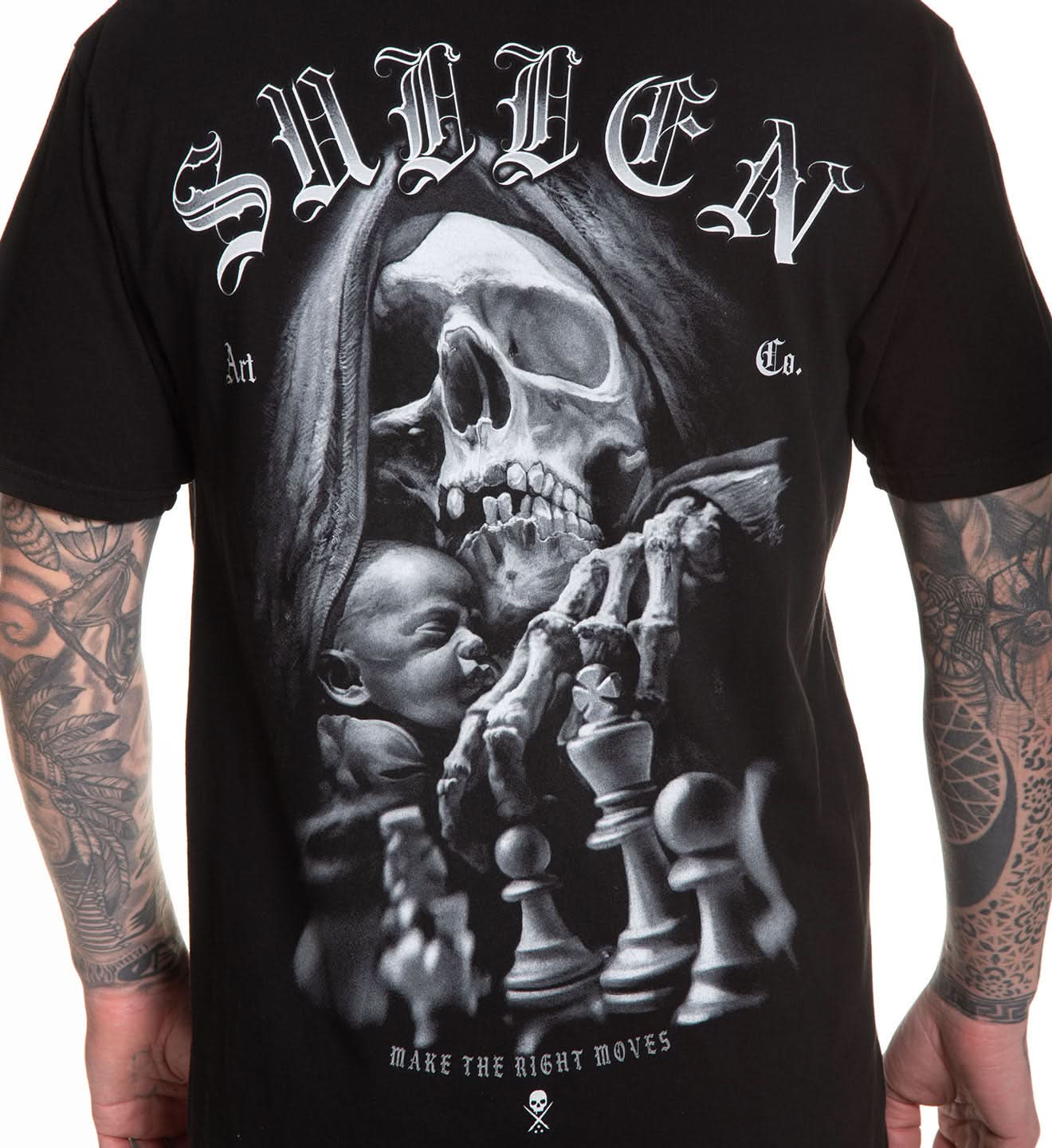 Black t-shirt with a graphic design featuring a skeleton and baby, and 'Suicide' branding.