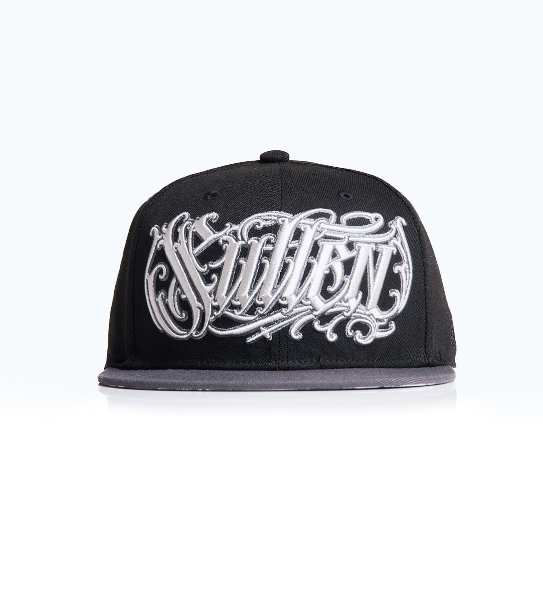 Black cap with white logo on a light gray background