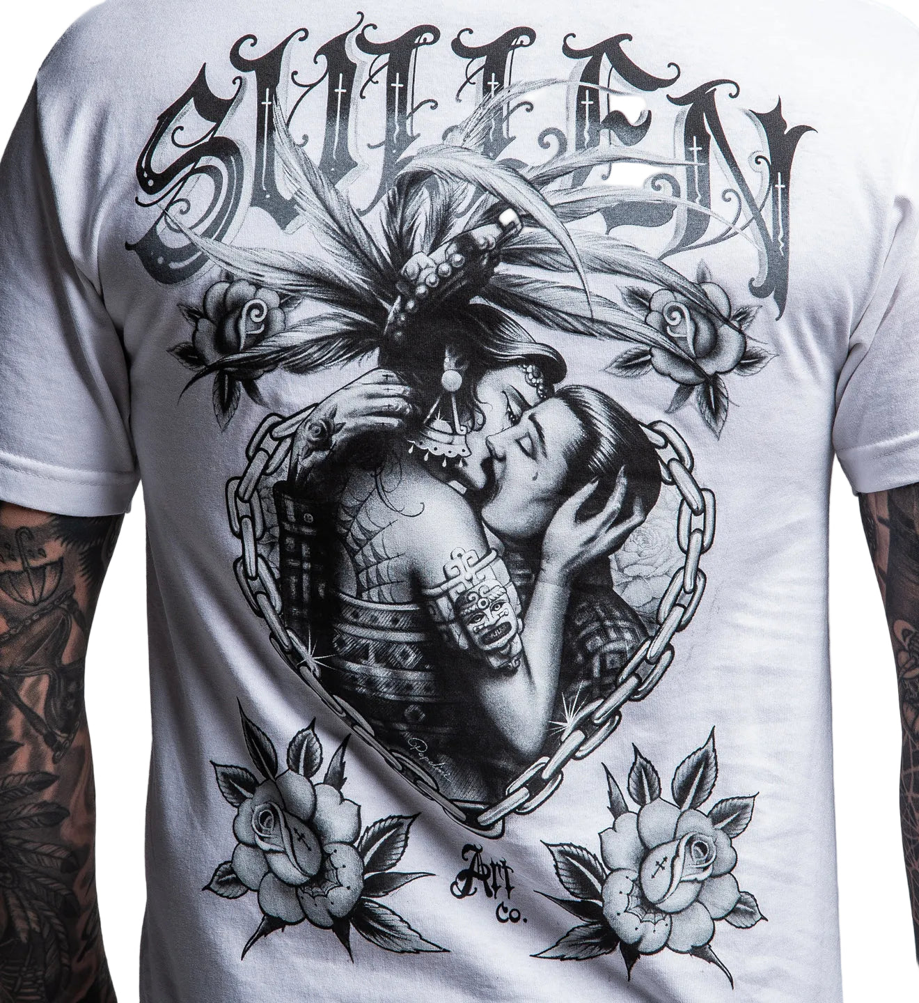 White t-shirt with black and white graphic design of a couple embracing, surrounded by roses and ornate text.