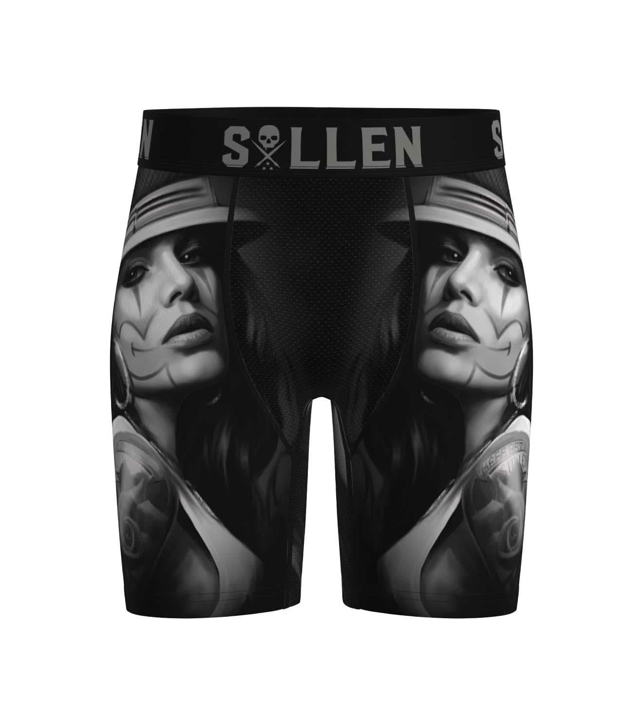 Black boxer briefs with a graphic design and 'Sullen' branding on a white background
